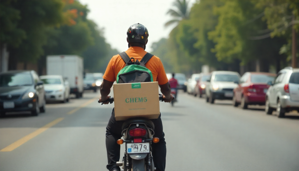 Dispatch rider from a Lagos logistics company delivering an e-commerce package