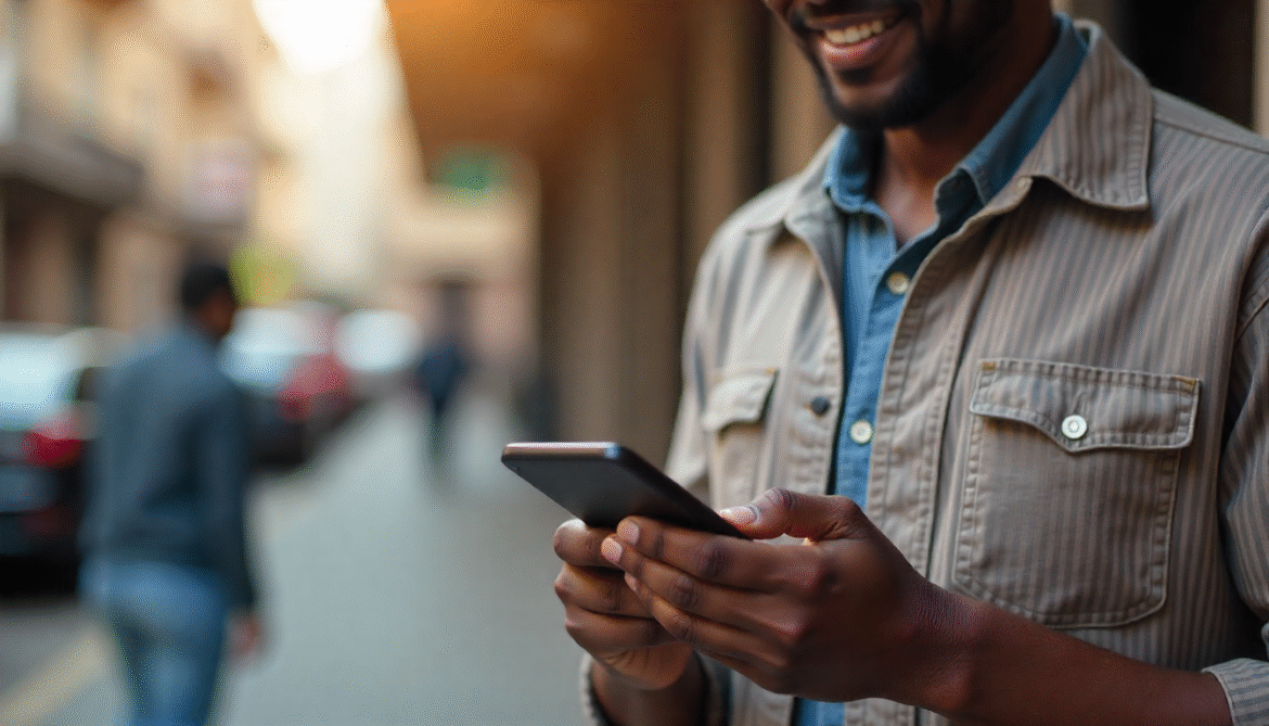 A Nigerian small business owner using a smartphone with fintech app logos to manage payments.